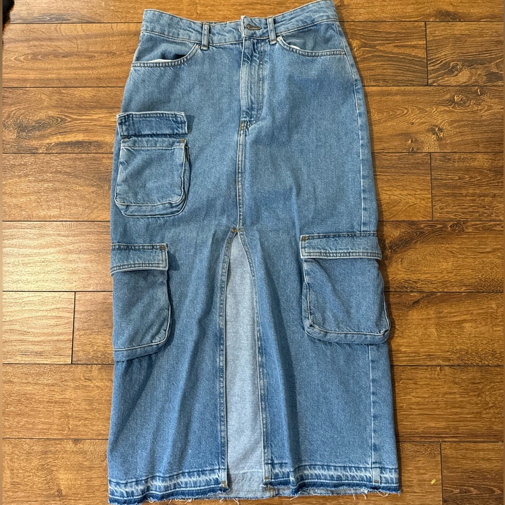 BERSHKA denim maxi cargo skirt